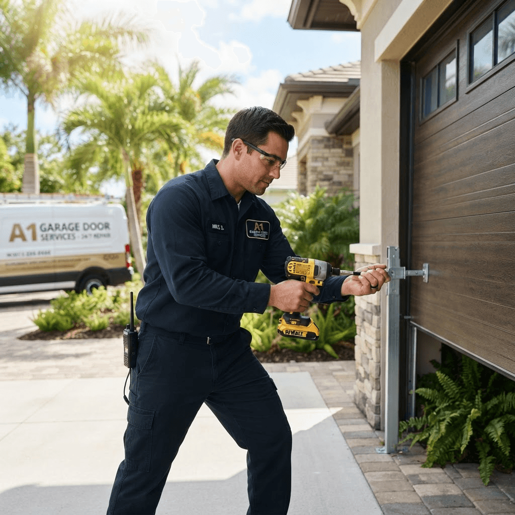 Titan Garage Door Service & Repair LLC technician servicing a modern residential garage door in Southwest Florida