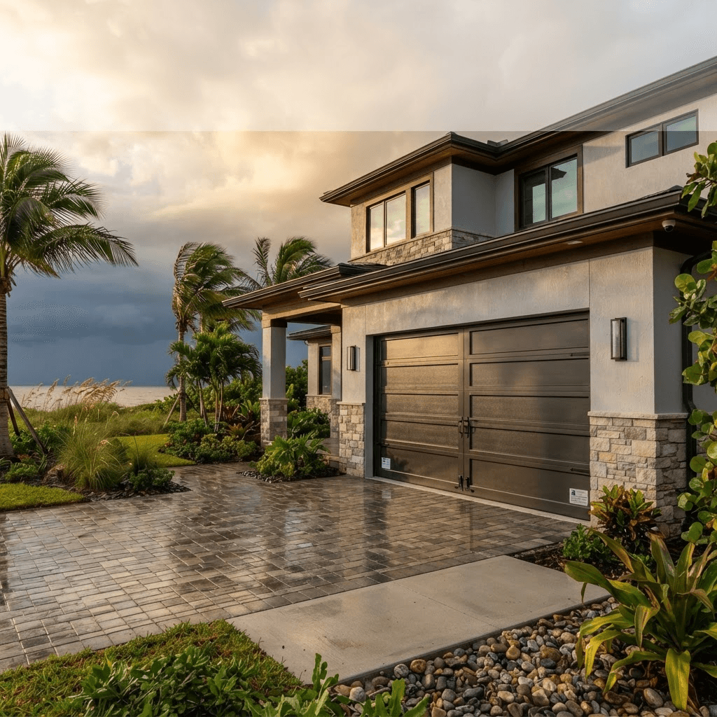 Heavy-duty reinforced hurricane-rated garage door on a coastal Southwest Florida home