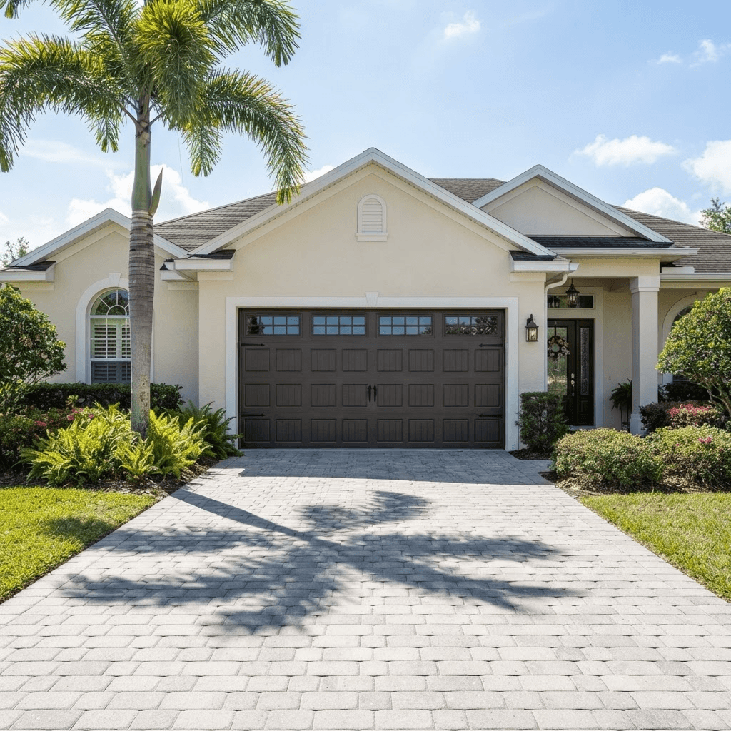 New premium carriage-style garage door after replacement on the same Florida home
