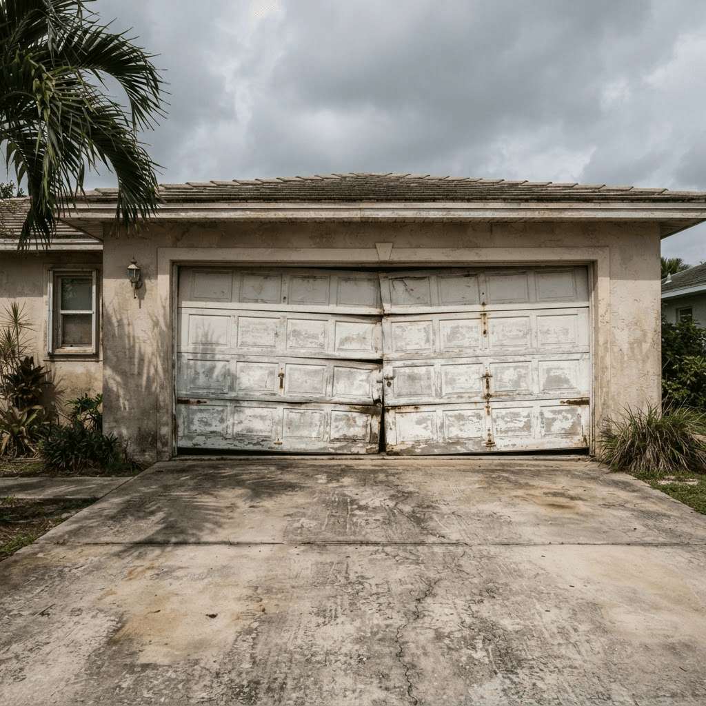 Aged and dented garage door before replacement on a Florida stucco home