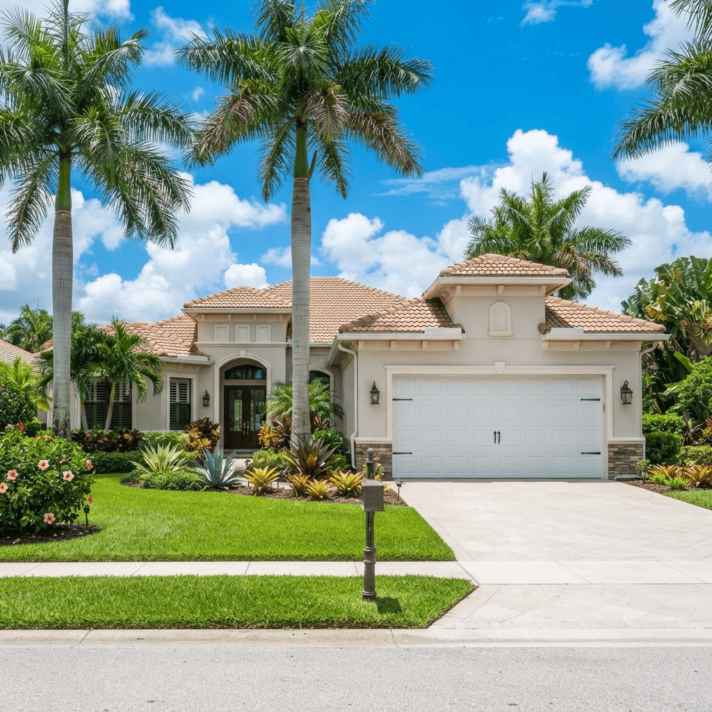 New white hurricane-rated steel garage door installed on a Naples, Florida home
