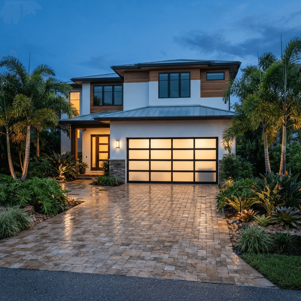 Modern full-view aluminum and glass garage door installed on a coastal Florida home at dusk