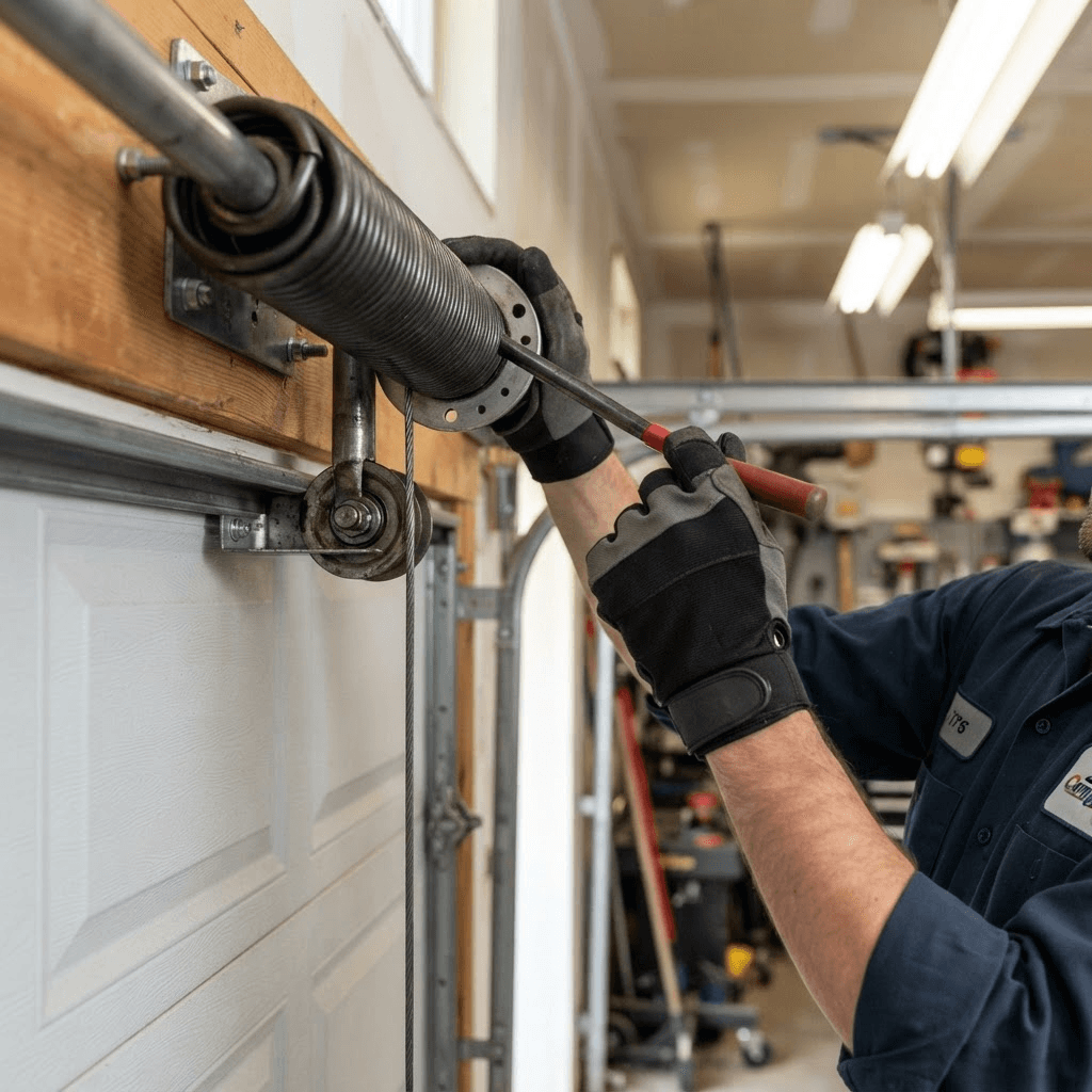 Technician inspecting garage door springs and hardware